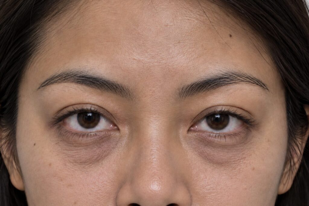 Deep under-eye hollows with crepey, translucent skin