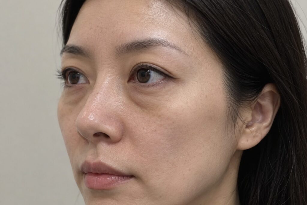 Three-quarter view showing mid-cheek volume loss making eye bags more prominent