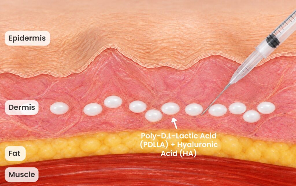 Diagram of PDLLA and hyaluronic acid injected into the deeper dermal layer