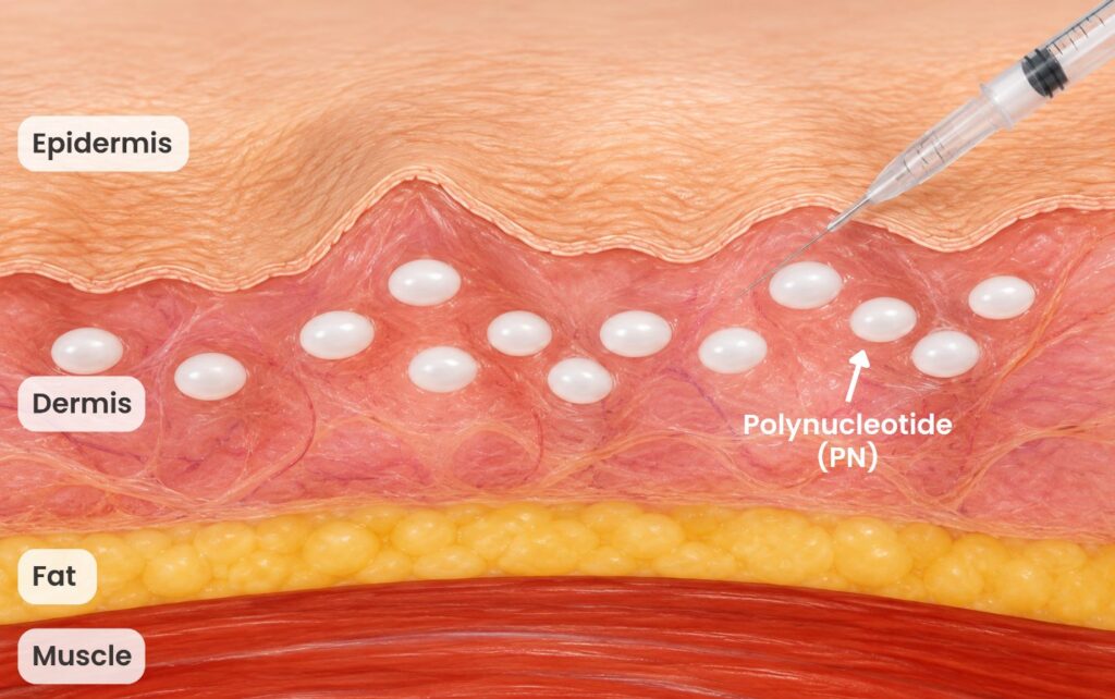 Diagram of polynucleotide (PN) injected into the shallow intradermal layer