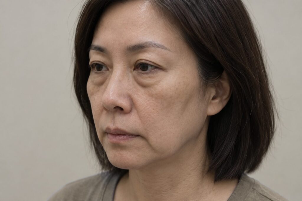 Sagging mid-cheek exaggerating the contrast between cheek and lower eyelid