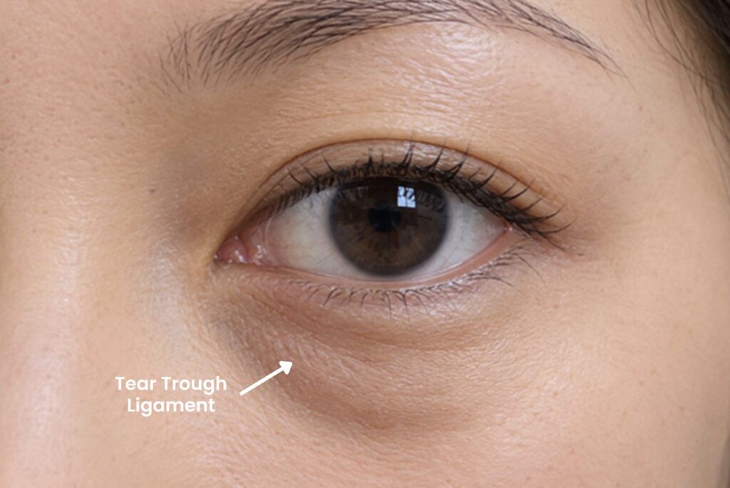Close-up of the tear trough groove between the lower eyelid and cheek